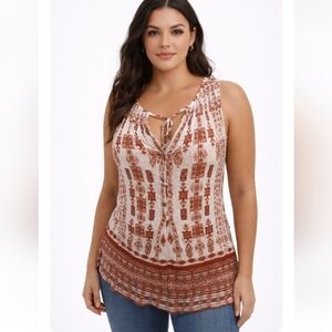 Lucky Brand Boho Cream & Brown Sleeveless Tie-Front Top – Size L